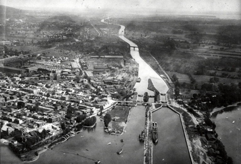 Aerial view of Lachine canal, looking East, about 1920. 