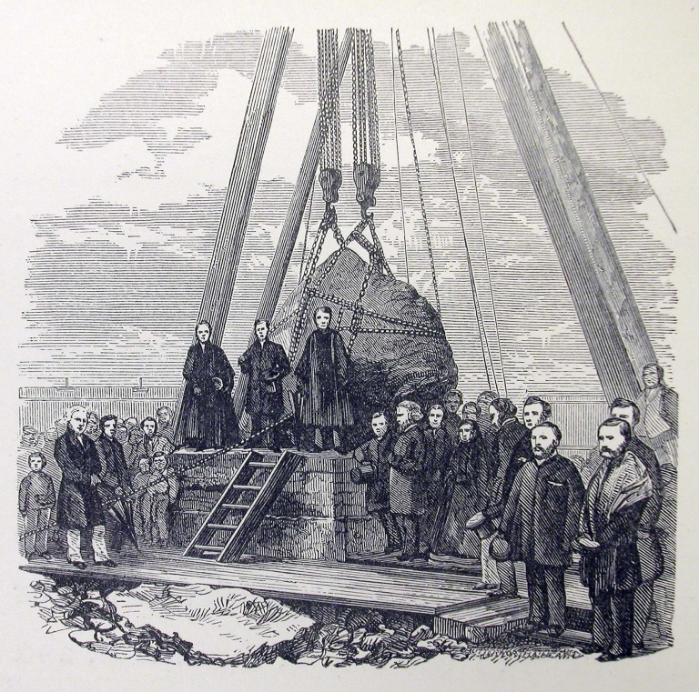 Laying the Monumental stone, marking the graves of 6000 immigrants near Victoria Bridge, 1860