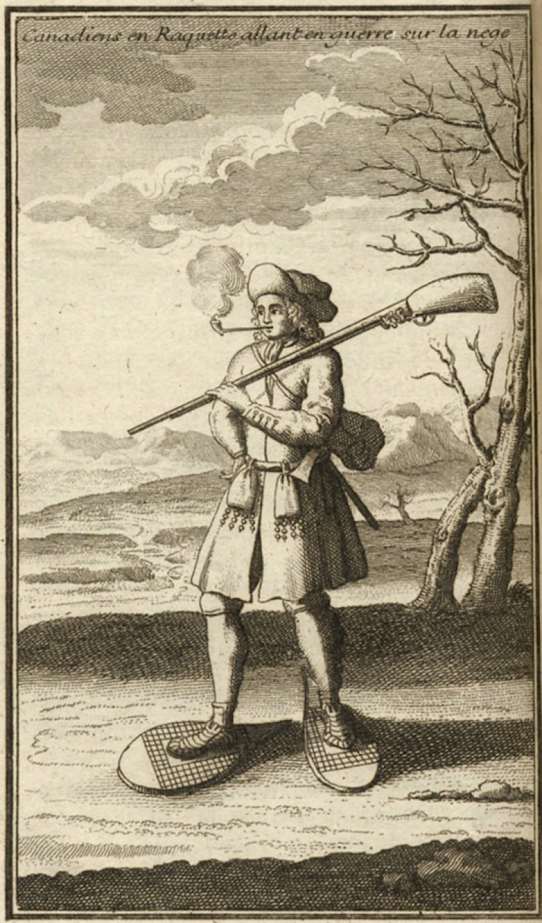 Canadians going off to war on snowshoes, Claude-Charles Bacqueville de La Potherie, 1722